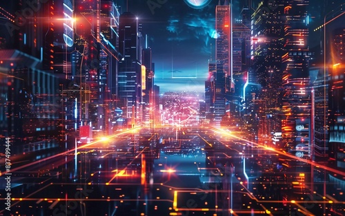 Wallpaper Mural Panoramic urban architecture, cityscape with space and neon light effects. Modern hi-tech, science, futuristic technology concept. Very beautiful abstract digital high Torontodigital.ca