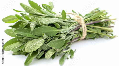 bunch of fresh sage isolated on white background. clean fresh vegetables concept for deisgner photo