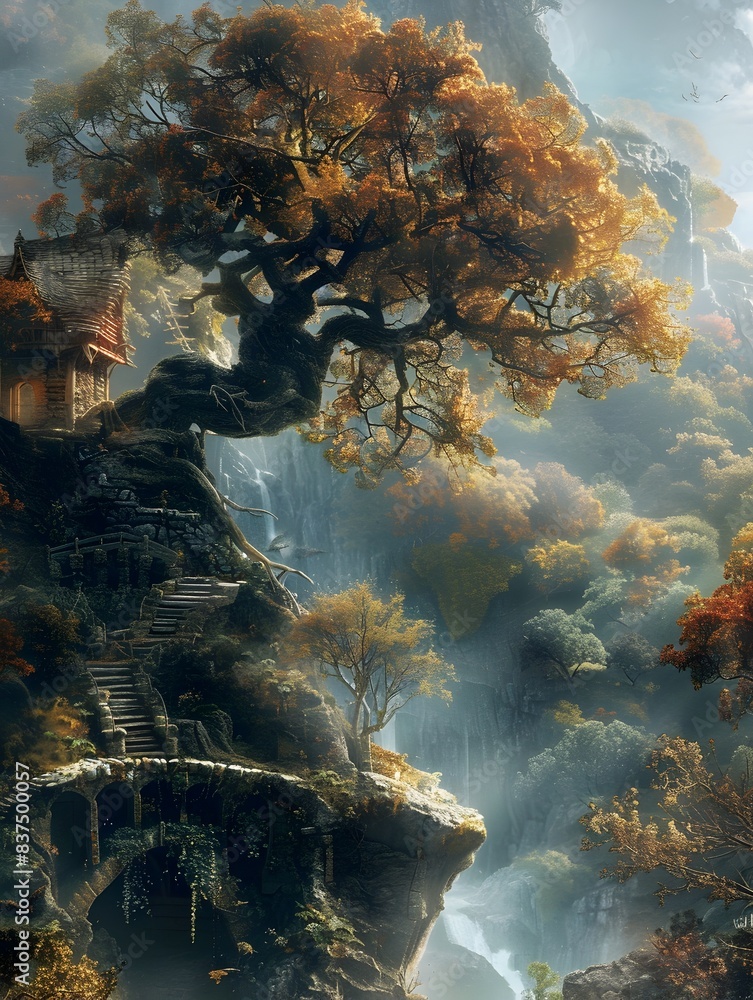 Fototapeta premium Enchanting Autumn Landscape with Cascading Waterfall Ancient Ruins and Winding Path Through Lush Forest Foliage