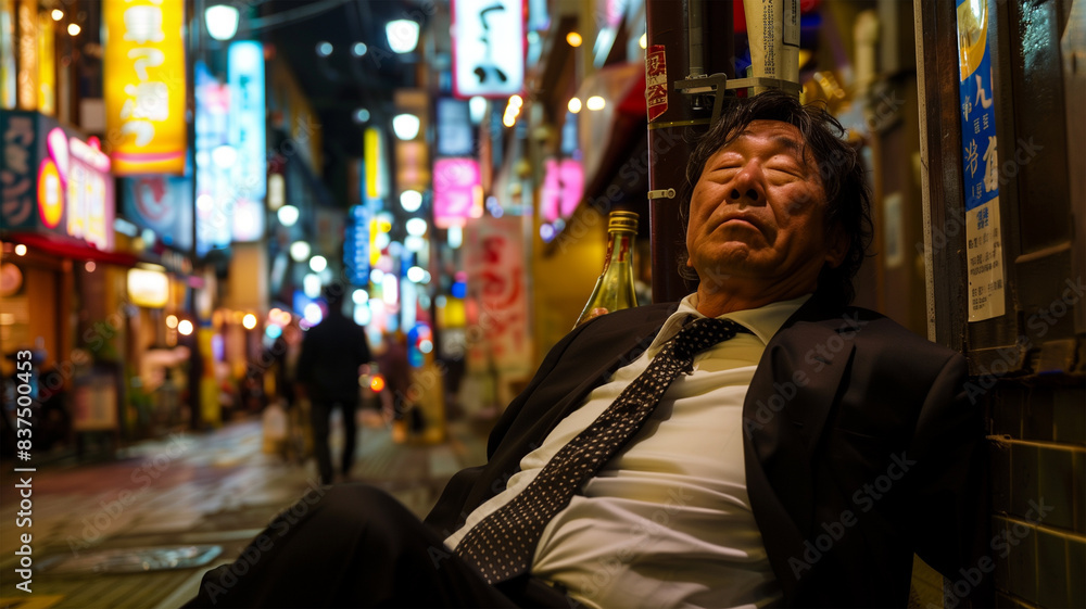 外で酔っ払って寝るビジネスマン 外で酔っ払って寝るビジネスマン