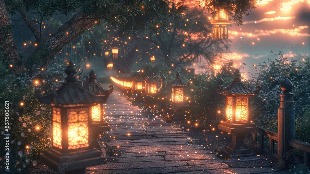 Obraz premium Lantern-lit Path: The pathway illuminated by lanterns or fairy lights at dusk, creating a magical and enchanting atmosphere