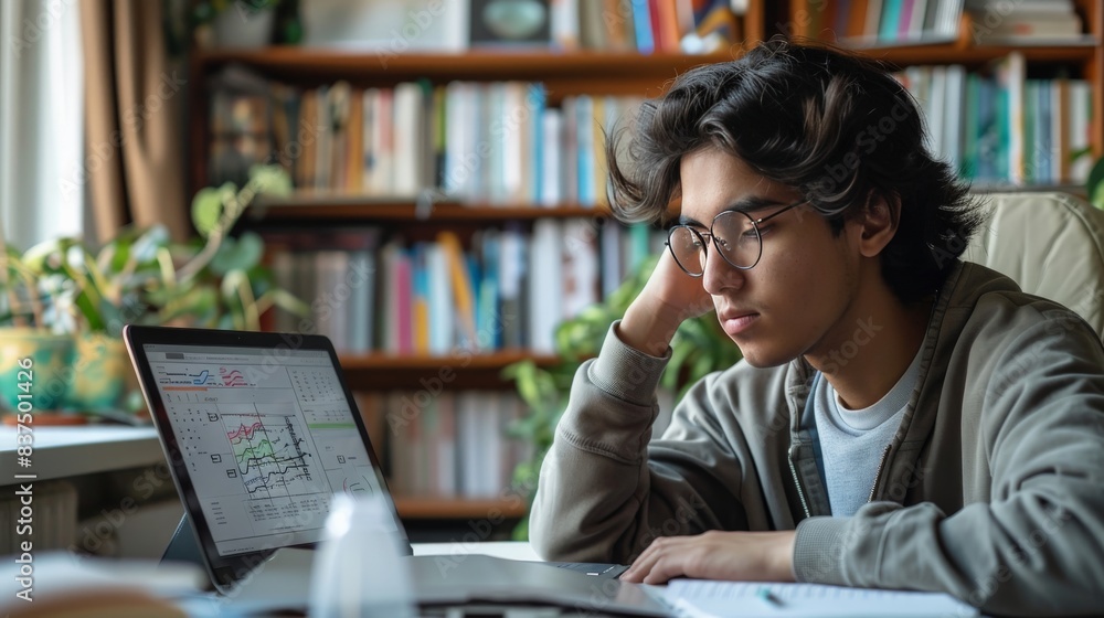 A young man is sitting at a desk with a laptop open in front of him A young man is sitting at a desk with a laptop open in front of him