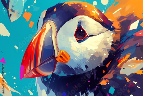 Super cute illustration of a puffin with fish, vibrant colors, soft focus, detailed fur texture, happy and playful mood photo