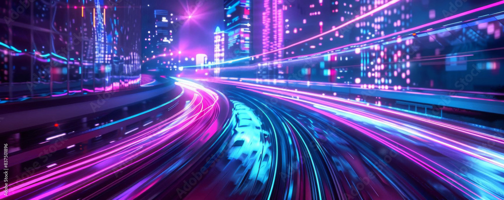 Fototapeta premium A futuristic train gliding through a neonlit urban environment, leaving a colorful light trail, ultrarealistic detail, vibrant atmosphere