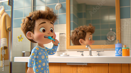 A boy brushing teeth in the morning or before bedtime. AI Generative