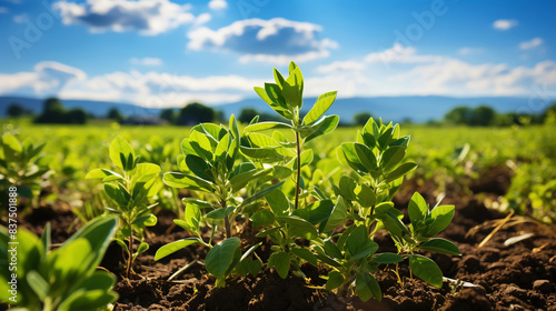 A vivid photo of soybean sprouts. Aesthetic agricultural landscape. Green ripening soybean field. Generative AI