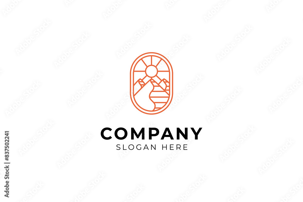 Natural Mountain View illuminated by Rising Sun in Oval Frame Minimalist line art logo design style Natural Mountain View illuminated by Rising Sun in Oval Frame Minimalist line art logo design style