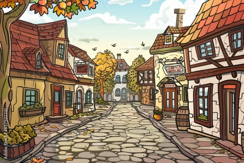 Cartoon cute doodles of a charming old town street with cobblestone paths and quaint shops, Generative AI