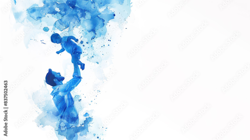 Blue watercolor paint of A father playing lift with new born baby kid Blue watercolor paint of A father playing lift with new born baby kid