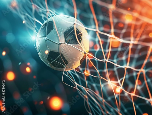 A soccer ball is in the air, and the net is lit up with bright lights.