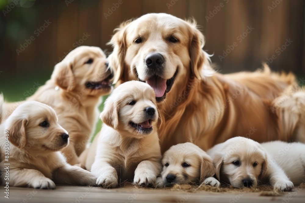The cute purebred puppies are seen with their mother in the background, creating a heartwarming domestic animal scene The cute purebred puppies are seen with their mother in the background, creating a heartwarming domestic animal scene