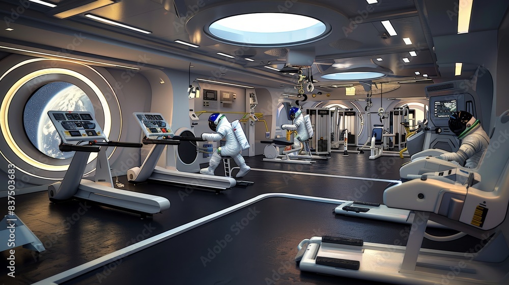 Highresolution images of a space tourism company's gym with zerogravity simulators and state