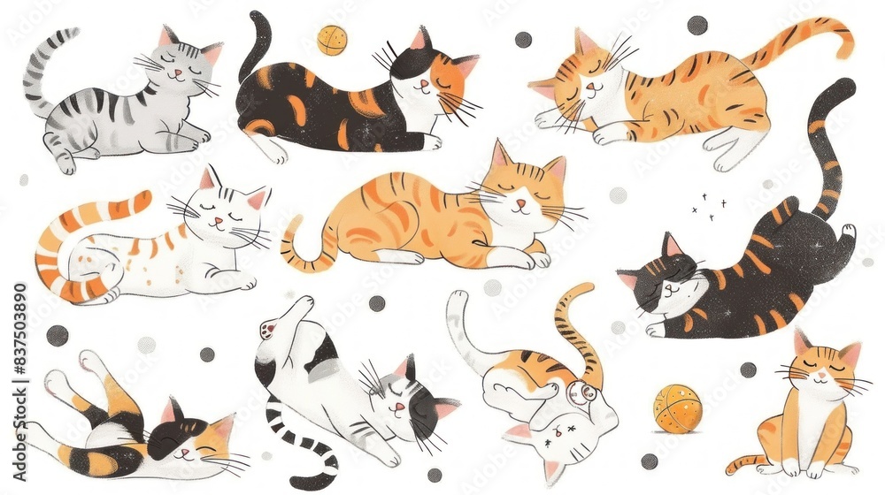 A series of cats in various poses, including one with a ball in its mouth A series of cats in various poses, including one with a ball in its mouth
