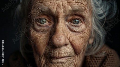 AI generated illustration of an elderly woman with white hair making eye contact with the camera