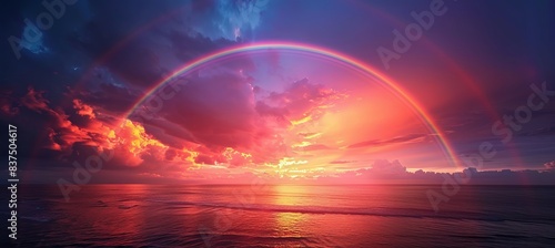 Dramatic rainbow with dawn sunset at sea. LGBT pride gender equality concept. Generative AI technology.