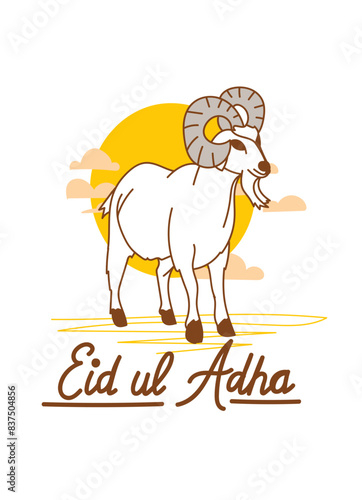 Doodle Muslim holiday Eid al-Adha. the sacrifice a ram or white and black sheep. graphic design decoration kurban bayrami. month lamb and a lamp.Translation from Arabic: Eid al-Adha