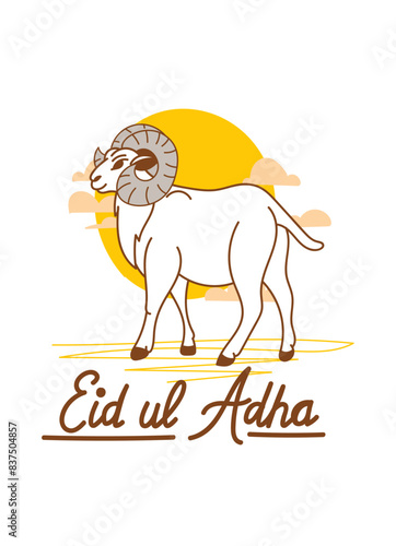 Doodle Muslim holiday Eid al-Adha. the sacrifice a ram or white and black sheep. graphic design decoration kurban bayrami. month lamb and a lamp.Translation from Arabic: Eid al-Adha