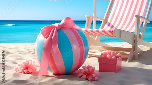 Cheerful Neon Beach Ball and Flip Flops Arrangement on SunDrenched White Sand and Azure Waters photo