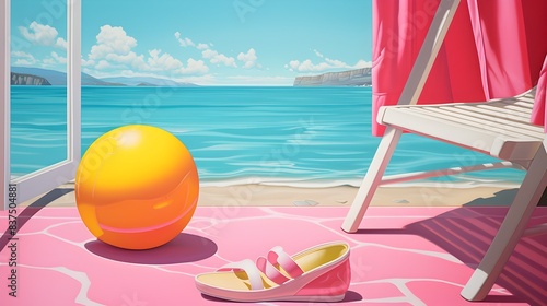 Bold Yellow Beach Ball and Pink Flip Flops on Sundrenched Sand and Turquoise Waters photo