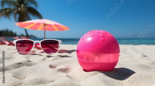 Cheerful Neon Pink and Blue Beach Ball and Flip Flops on SunDrenched White Sand and Azure Waters photo