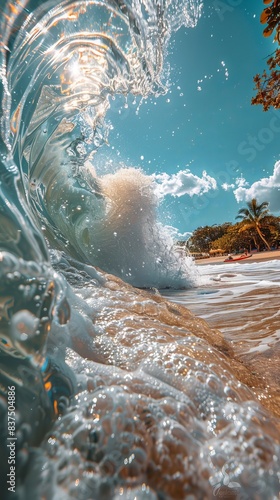 A beautiful wave with clear water and a tropical sunny beach in the distance.  photo