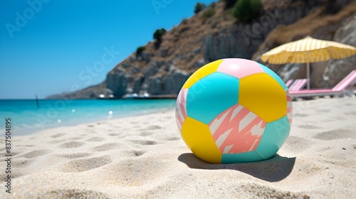 Vibrant Yellow Beach Ball and Pink Flip Flops on SunDrenched Sandy Shore photo