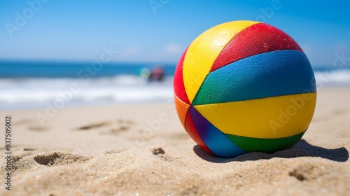 Rainbow Beach Ball and Multicolored Flip Flops on SunKissed Sand by Tranquil Ocean photo