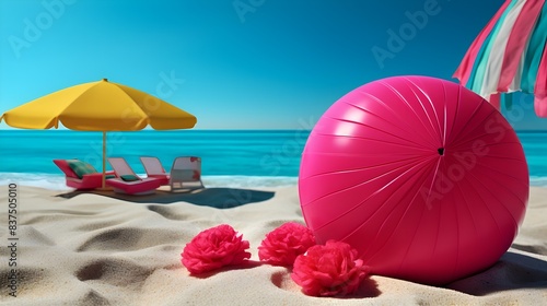 Vibrant Beach Composition with Yellow Ball and Pink Flip Flops photo