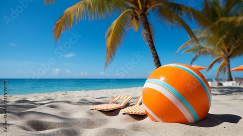 Vibrant Orange Beach Ball and Flip Flops on Tropical Beach photo