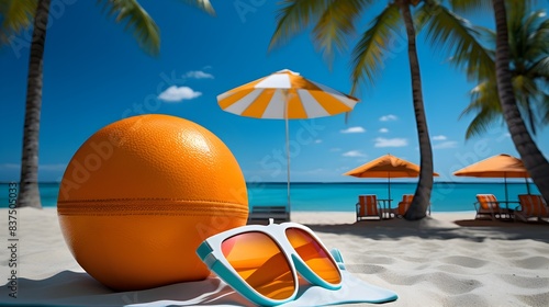 Vibrant Orange Beach Ball and Flip Flops on Tropical Beach with Azure Sky photo