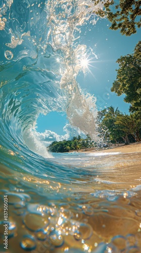 A beautiful wave with clear water and a tropical sunny beach in the distance.  photo