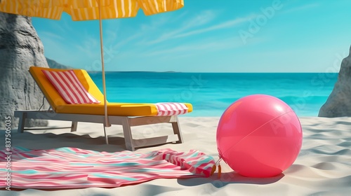 Vibrant Beach Composition with Yellow Ball and Pink Flip Flops photo