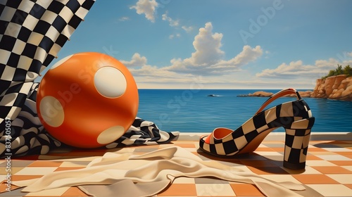 Playful Polka Dot Beach Ball and Checkered Flip Flops in Soft Golden Sand with Serene Ocean Vista photo