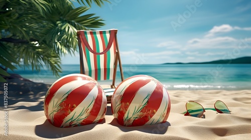 Vibrant Patterned Beach Ball and Striped Flip Flops on Tropical Shoreline photo