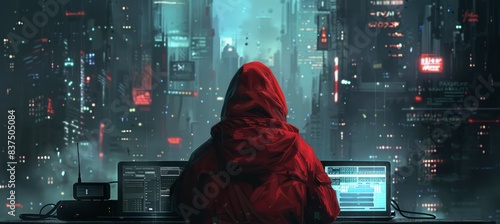 Hacker criminal with night rain city background. Cyber internet security protection concept. Generative AI technology. 