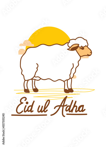 Doodle Muslim holiday Eid al-Adha. the sacrifice a ram or white and black sheep. graphic design decoration kurban bayrami. month lamb and a lamp.Translation from Arabic: Eid al-Adha
