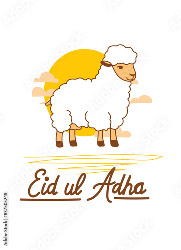 Doodle Muslim holiday Eid al-Adha. the sacrifice a ram or white and black sheep. graphic design decoration kurban bayrami. month lamb and a lamp.Translation from Arabic: Eid al-Adha