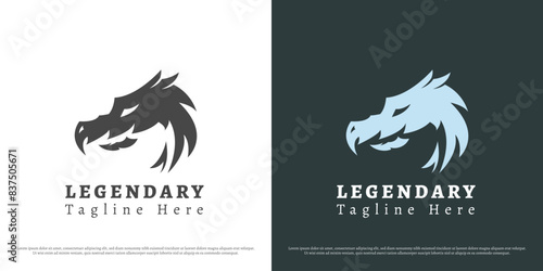 Legendary dragon logo design illustration. Silhouette of monster legend myth mythology ancient animal dinosaur savage fangs. Abstract casual minimal simple icon symbol.