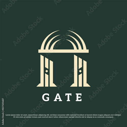 Ancient gate logo design illustration. Silhouette of old classy classic building residential fantasy heavenly architecture. Simple minimal classic vintage medieval geek greece abstract icon symbol.