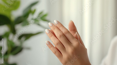 Close-up of hands with neatly manicured nails in a natural pose  featuring a blurred green plant background. Ideal for beauty  skincare  and wellness themes.