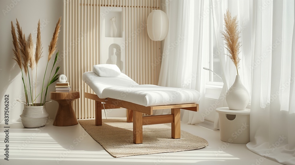 Elegant and bright massage setup with a minimalistic design, featuring a massage table and essential oils, isolated on a white background. Elegant and bright massage setup with a minimalistic design, featuring a massage table and essential oils, isolated on a white background.