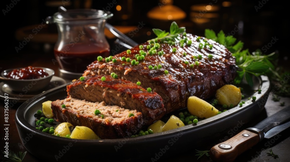 delicious meatloaf with vegetable topping, black and blurred background delicious meatloaf with vegetable topping, black and blurred background