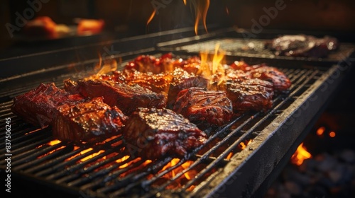 Realistic grilled barbeque with melted barbeque sauce and cut vegetables  black and blur background