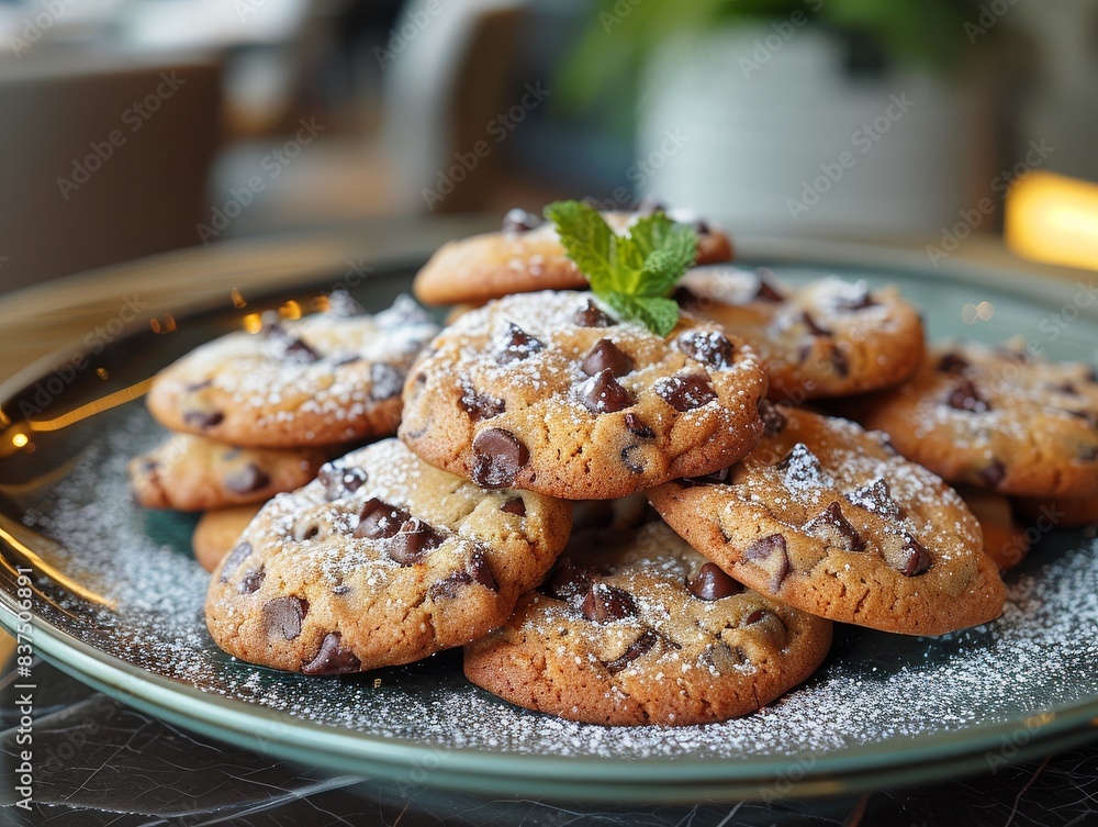 A delicious plate of beautifully made chocolate chip cookies with a mint garnish and sprinkle of sugar. A delicious plate of beautifully made chocolate chip cookies with a mint garnish and sprinkle of sugar.