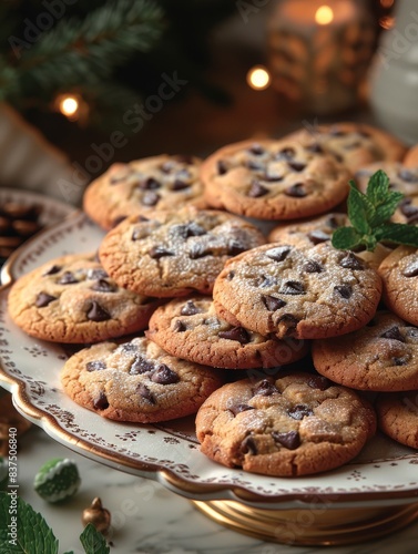 A delicious plate of beautifully made chocolate chip cookies with a mint garnish and sprinkle of sugar. 