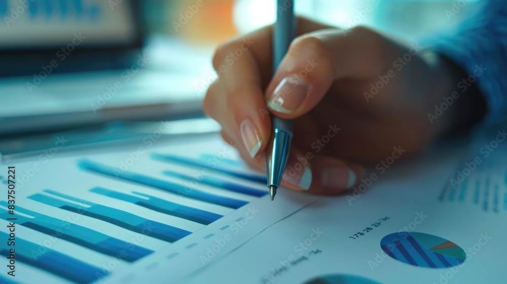 Obraz premium A close-up of a hand drawing an upward trend line on a graph, symbolizing the pursuit of increased capital and profitability
