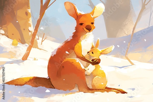 Super cute illustration of a kangaroo with a joey, vibrant colors, soft focus, detailed fur texture, happy and playful mood photo