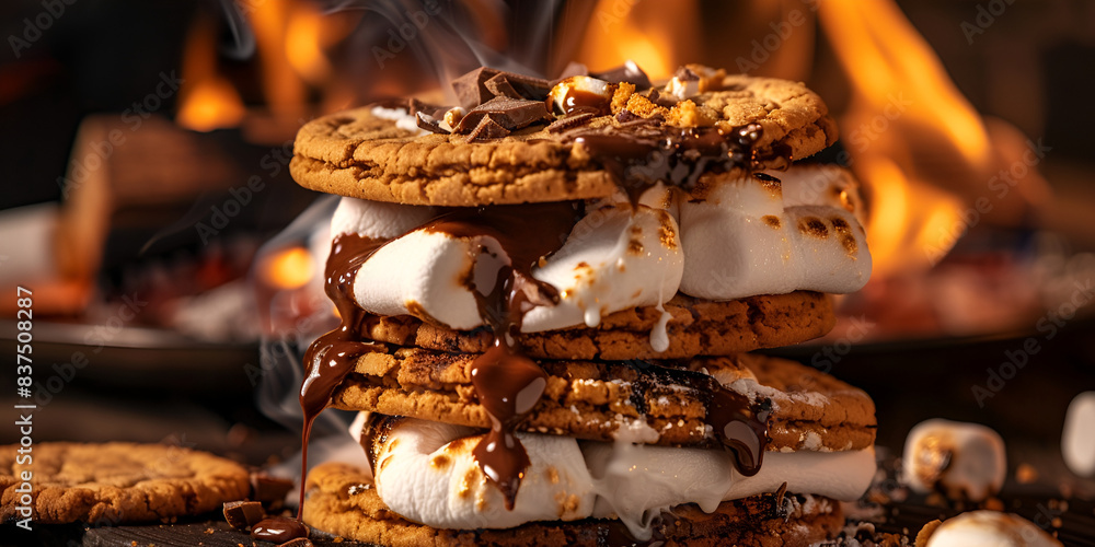 a stack of chocolate chip cookies with white icing drizzled on top, set against a background of fire.