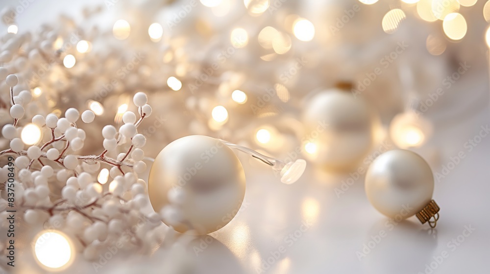 Soft-focus close-up of white Christmas ornaments and fairy lights on a bed of artificial snow. Ideal for holiday, decoration, and festive themes. Soft-focus close-up of white Christmas ornaments and fairy lights on a bed of artificial snow. Ideal for holiday, decoration, and festive themes.