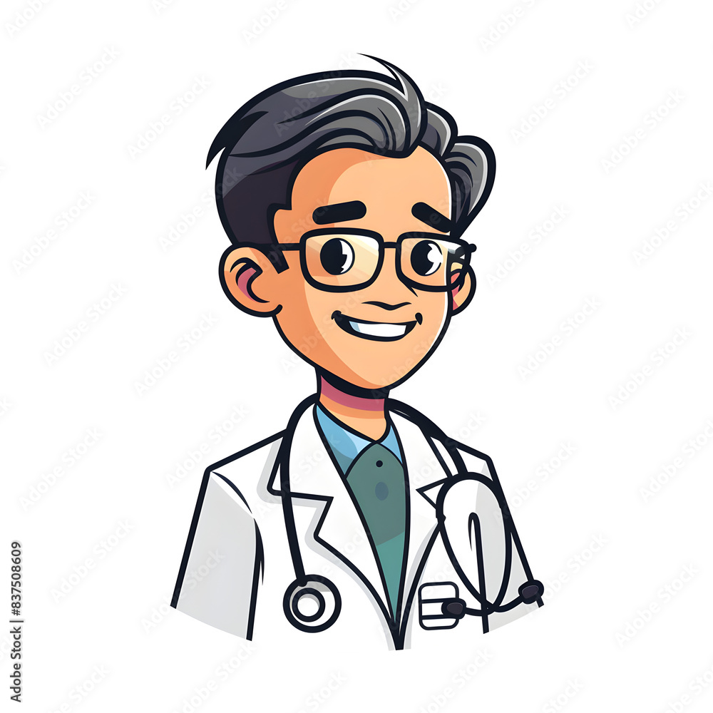 A cartoon doctor with a white lab coat and glasses is smiling A cartoon doctor with a white lab coat and glasses is smiling